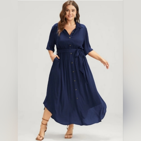 PLUS NAVY COLLARED BUTTON DOWN WOVEN DRESS W/ POCKETS main image 0